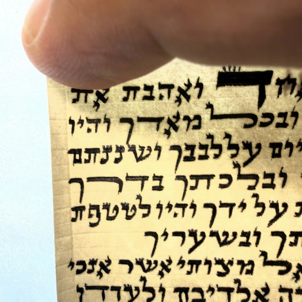 Real mezuzah scroll photographed during a Miami inspection, showing two letters touching