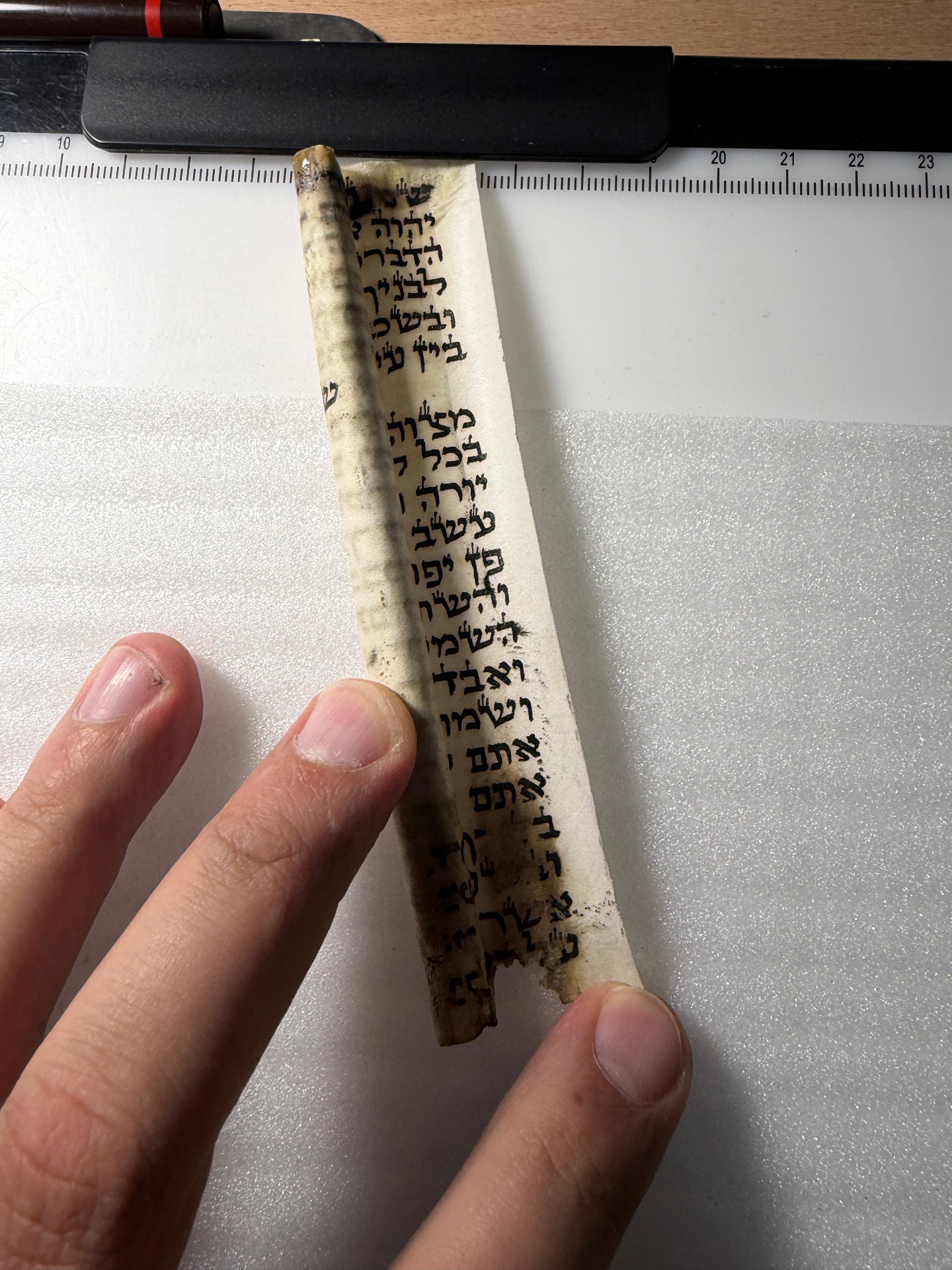 Humidity and moisture damage on an old rolled mezuzah parchment from a South Florida home