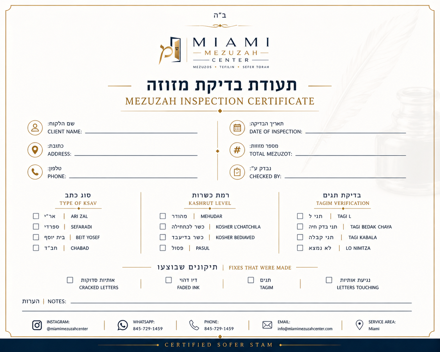 Miami Mezuzah Center inspection certificate