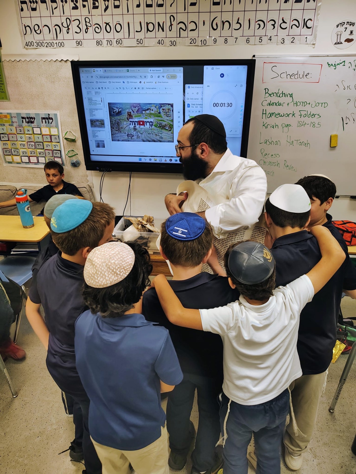 Levi teaching schoolboys with a Sefer Torah